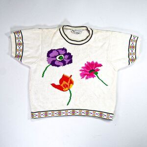 Vintage Evan Picone Floral Abstract Knit 100% Cotton T-Shirt - L